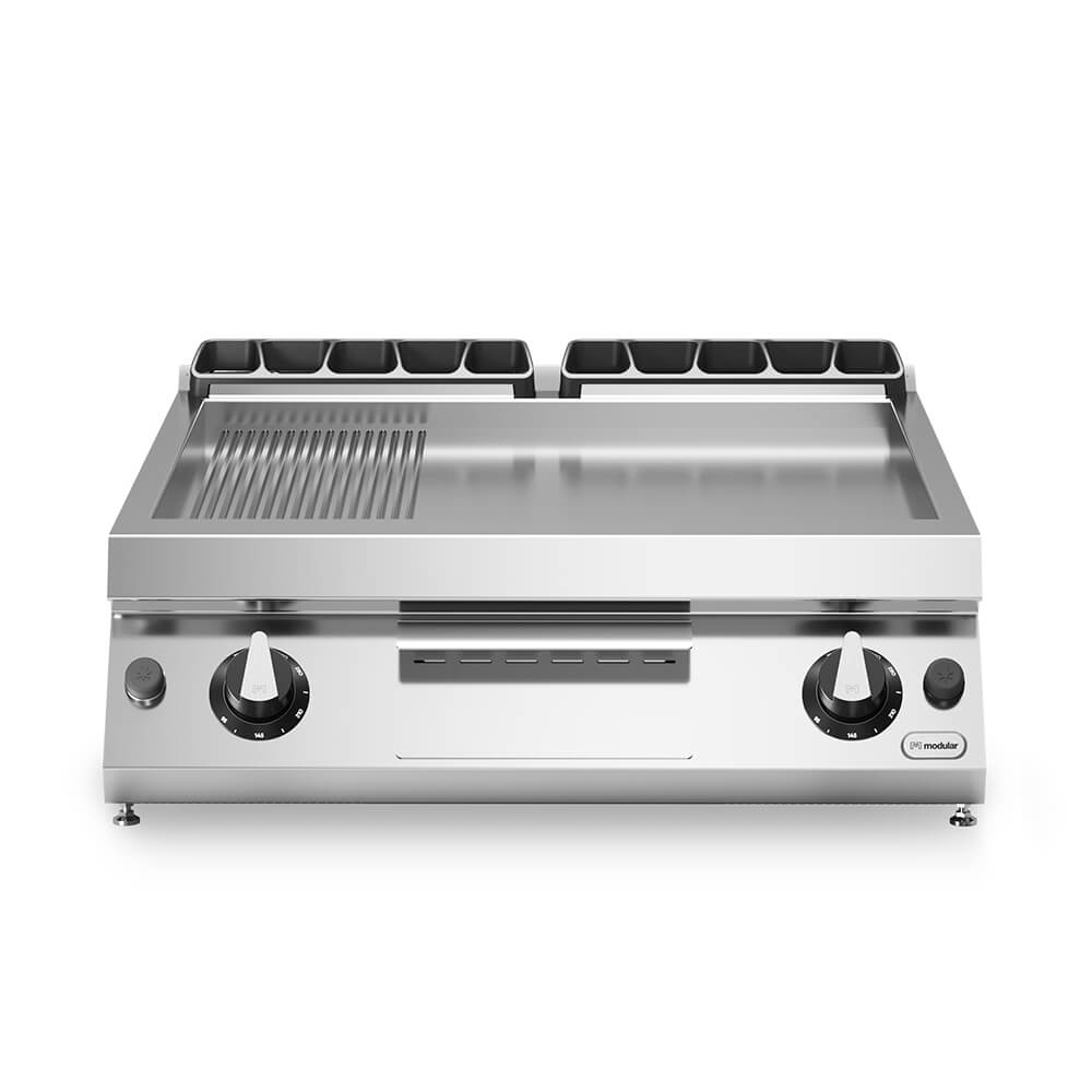 Εστία-πλατό αερίου 21kW διπλή 1/3 ραβδωτή 2/3 λεία επιφ. χρωμίου επιτραπ. R90/80FTG/CLR/T ROC900