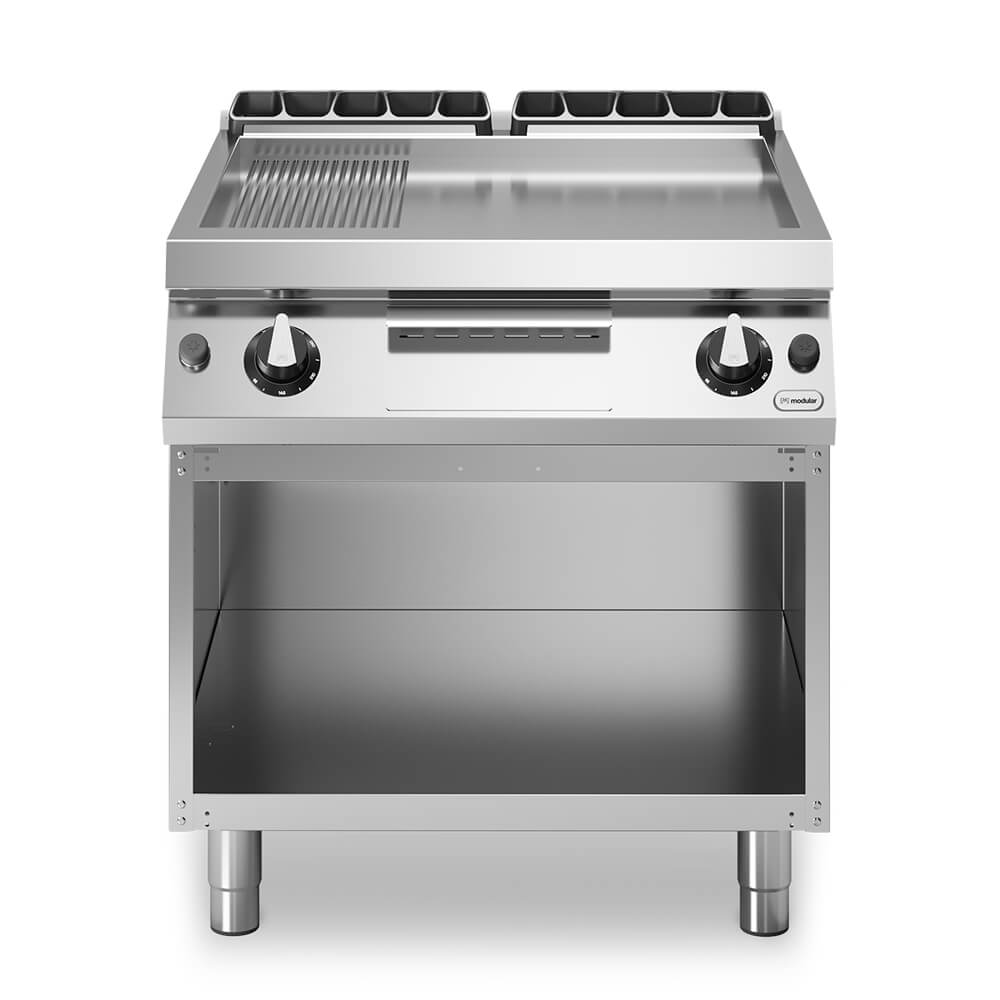 Εστία-πλατό αερίου 21kW διπλή 1/3 ραβδωτή 2/3 λεία επιφ. χρωμίου με ανοικτή βάση R90/80FTG/CLR/A ROC900