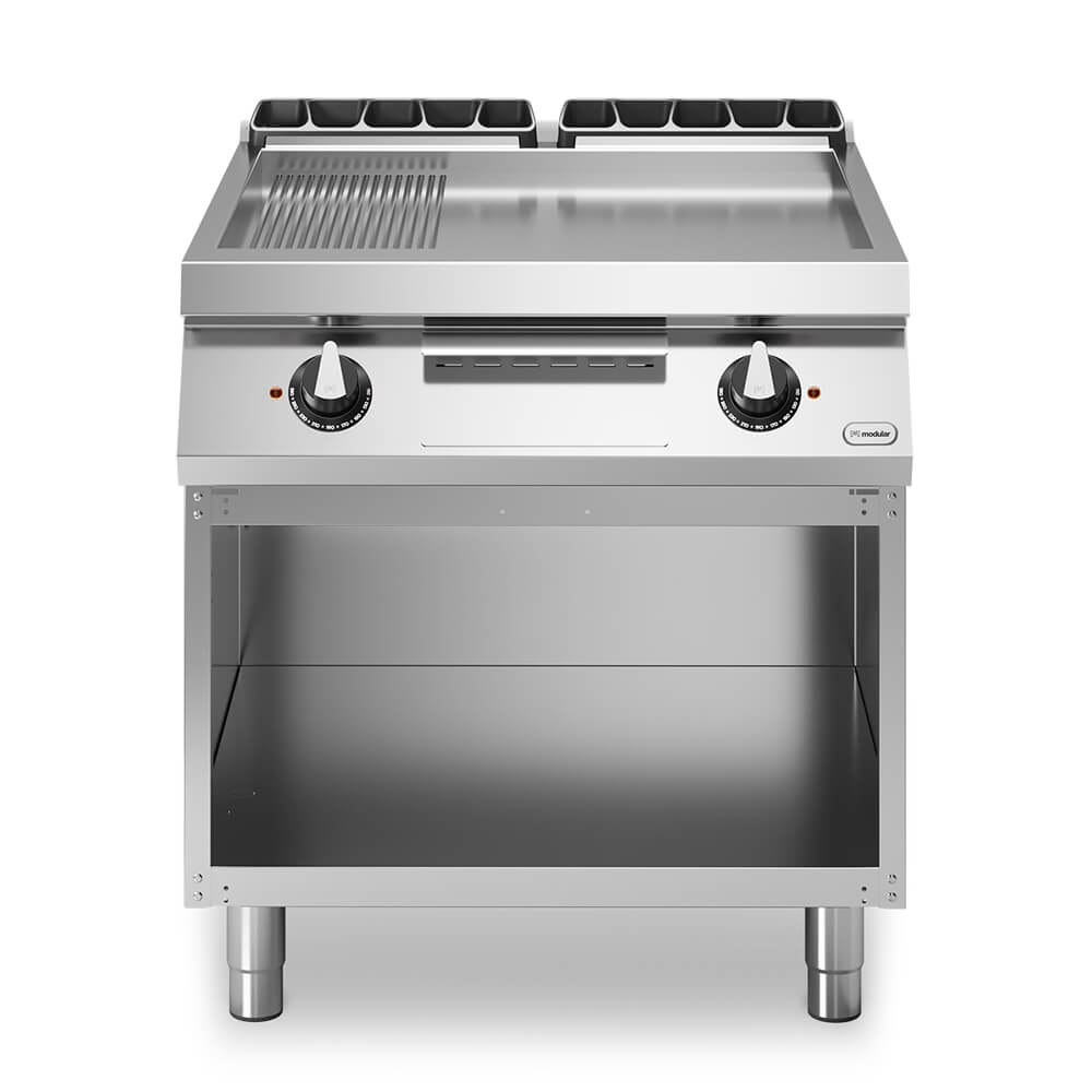 Εστία-πλατό ηλεκτρ. 15kW διπλή 1/3 ραβδωτή 2/3 λεία επιφ. χρωμίου με ανοικτή βάση R90/80FTE/CLR/A ROC900