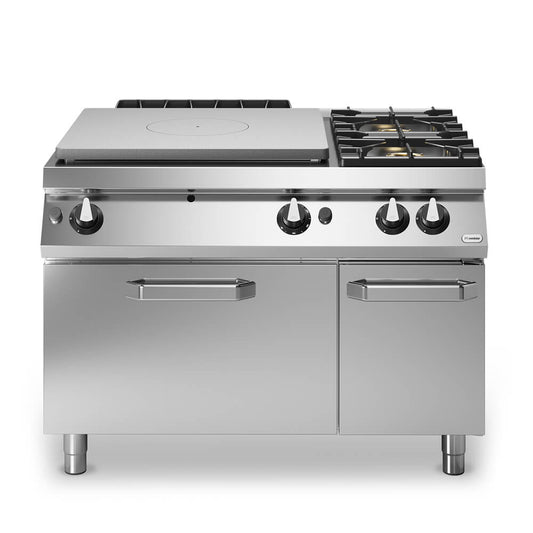 Solid top αερίου 12kW & 2 φλόγ. (1x5,5+1x7,5kW εμαγέ τάσια) με φούρνο αερίου 2/1 8kW & ερμάριο R90/120TPFGFB/P ROC900